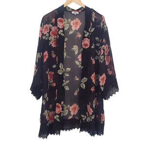 Indero Kimono Style Open Sheer Cover Up Medium Black Floral Lace Robe